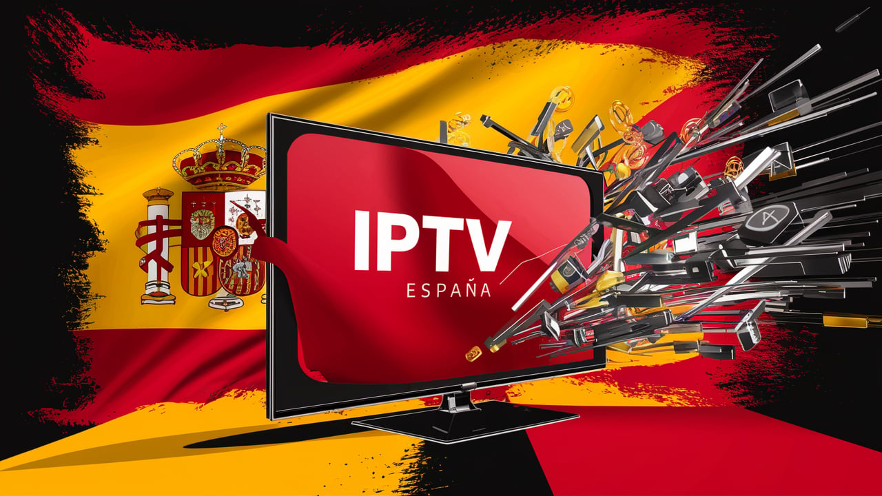 Promotional banner featuring a TV and the flag of Spain with 'IPTV España' text"